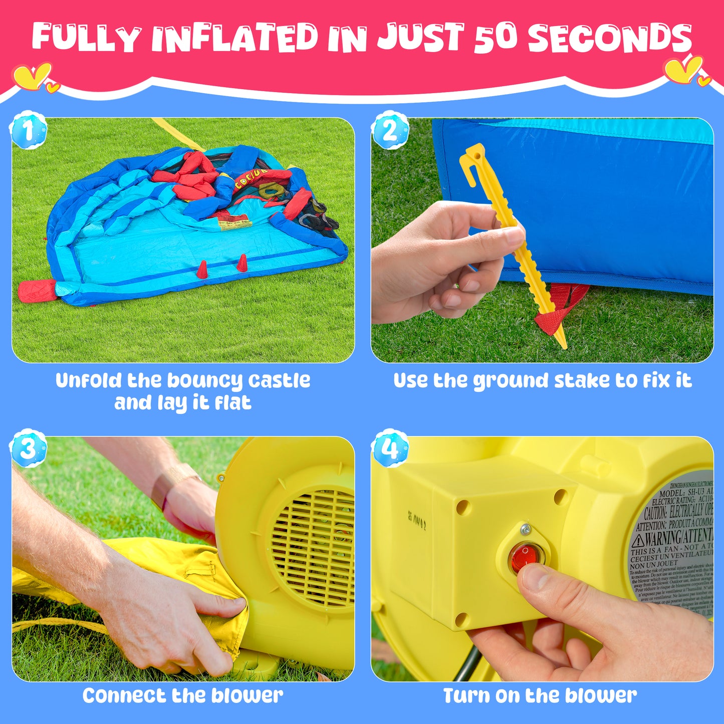 Bounce House with Blower, Outdoor Bounce Castle with Slide/Basketball Hoop/Ball Pit/Ring-toss Game/Pitching Game, Jump House for Kids Toddlers Ages 3-12