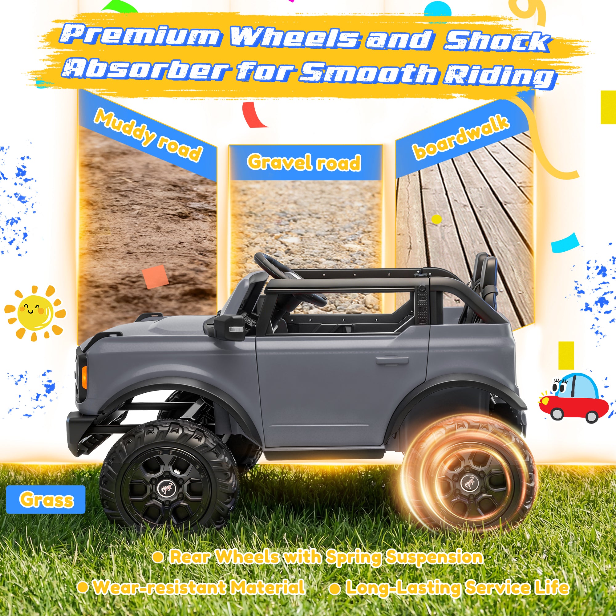 iYofe 24V Ride On Toys for Big Kids 2 Seat, Ford Bronco Base Powered Ride On Cars w/Remote Control, 4 Wheel Spring Suspension, Lights, Bluetooth, Kids Electric Car for Boys Girls Age 3-8, Pink