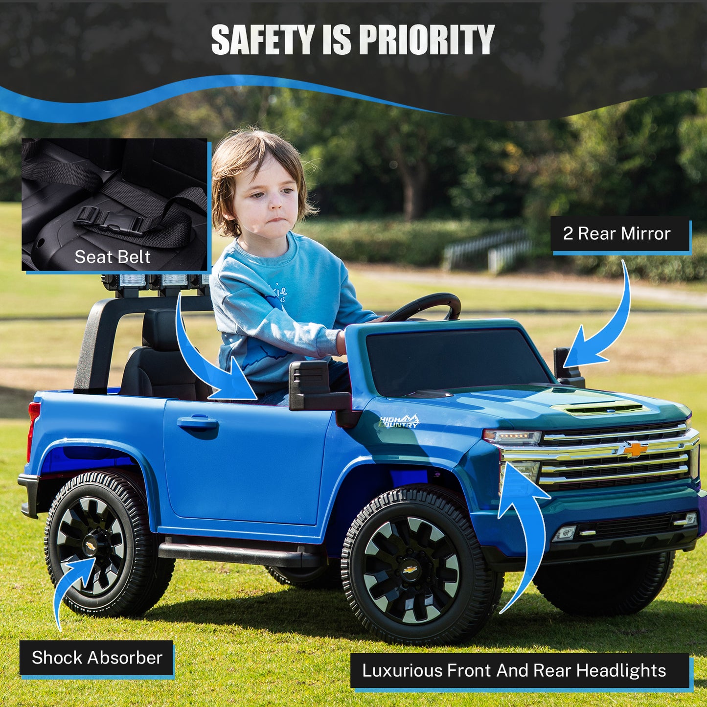 iYofe SILVERADO 12V Battery Powered Car Toy for Girls Boys, Kids Ride on Car for 3 4 5 Yrs with 2 Seats, Remote Control, LED Lights, MP3, Seat Belt, Electric Truck for Kids Birthday Gift, Black