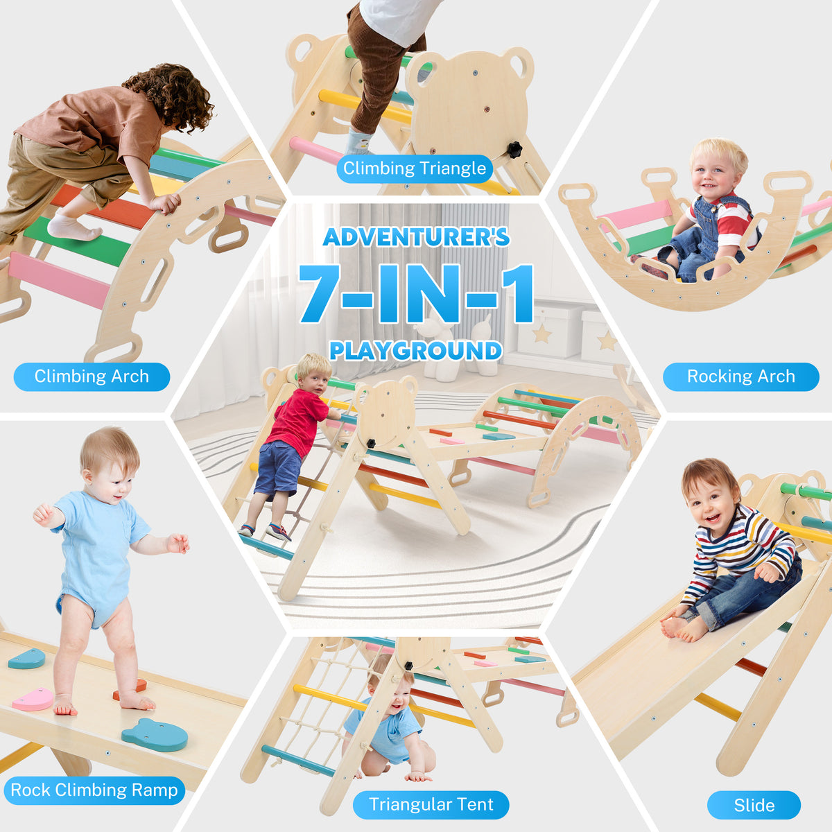 iYofe Pikler Triangle Set, Wooden Toddler Climber with Arch, Ramp, Climbing Net and 2 Wooden Cars, Indoor Play Gym for Ages 1-3
