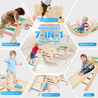 iYofe Pikler Triangle Set, Wooden Toddler Climber with Arch, Ramp, Climbing Net and 2 Wooden Cars, Indoor Play Gym for Ages 1-3