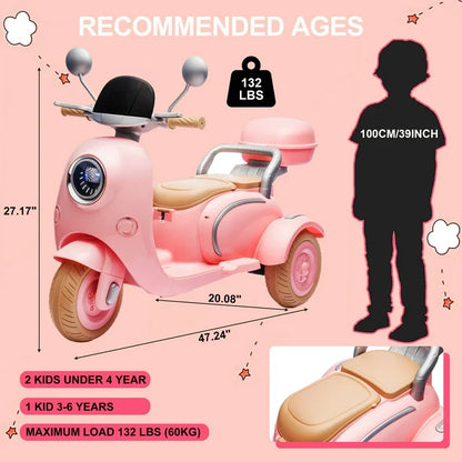 iYofe 12V Electric Motorcycle for Kids, 2 Seater Battery Power Ride on Toys with Slow Start, LED, Music, USB, 3 Wheel Electric Motorcycle for Boy Girl Birthday Gift, Pink