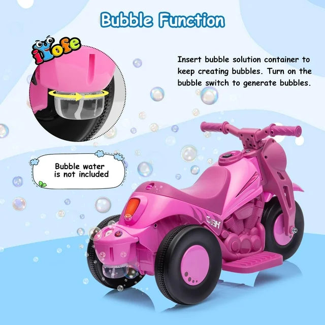 6V Kids Ride on Motorcycle, Battery Power Ride on Toy with Bubble Maker, LED Light, Music, Foot Pedal, Forward/Backward, Toddler Motorcycle for Boys Girls, Pink