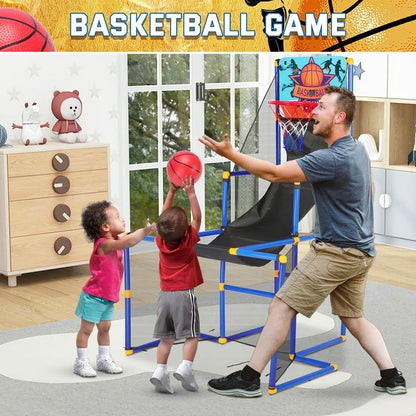 3 in 1 Kids Arcade Basketball Game & Hockey & Soccer, With 4 Basketball Balls, Football, Hockey, Hockey Stick, Pump, Electronic Scoreboard Sound for Toddlers, Basketball Goal for Kids Boys Girls