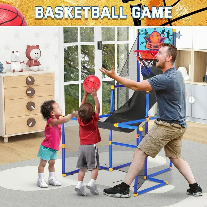 3 in 1 Kids Arcade Basketball Game & Hockey & Soccer, With 4 Basketball Balls, Football, Hockey, Hockey Stick, Pump, Electronic Scoreboard Sound for Toddlers, Basketball Goal for Kids Boys Girls