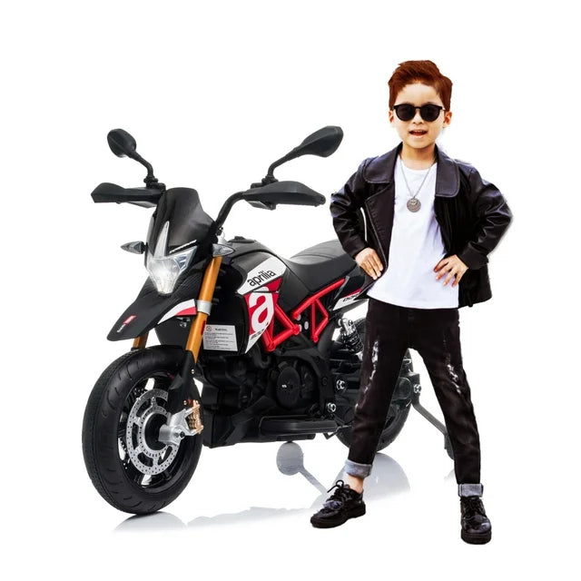 Aprilia 12V Electric Motorcycle for Kids, 2 Wheel Electric Motorcycle with 2 Training Wheels, Music, LED, Ride on Toy for Boy Girl Birthday Gift, Red