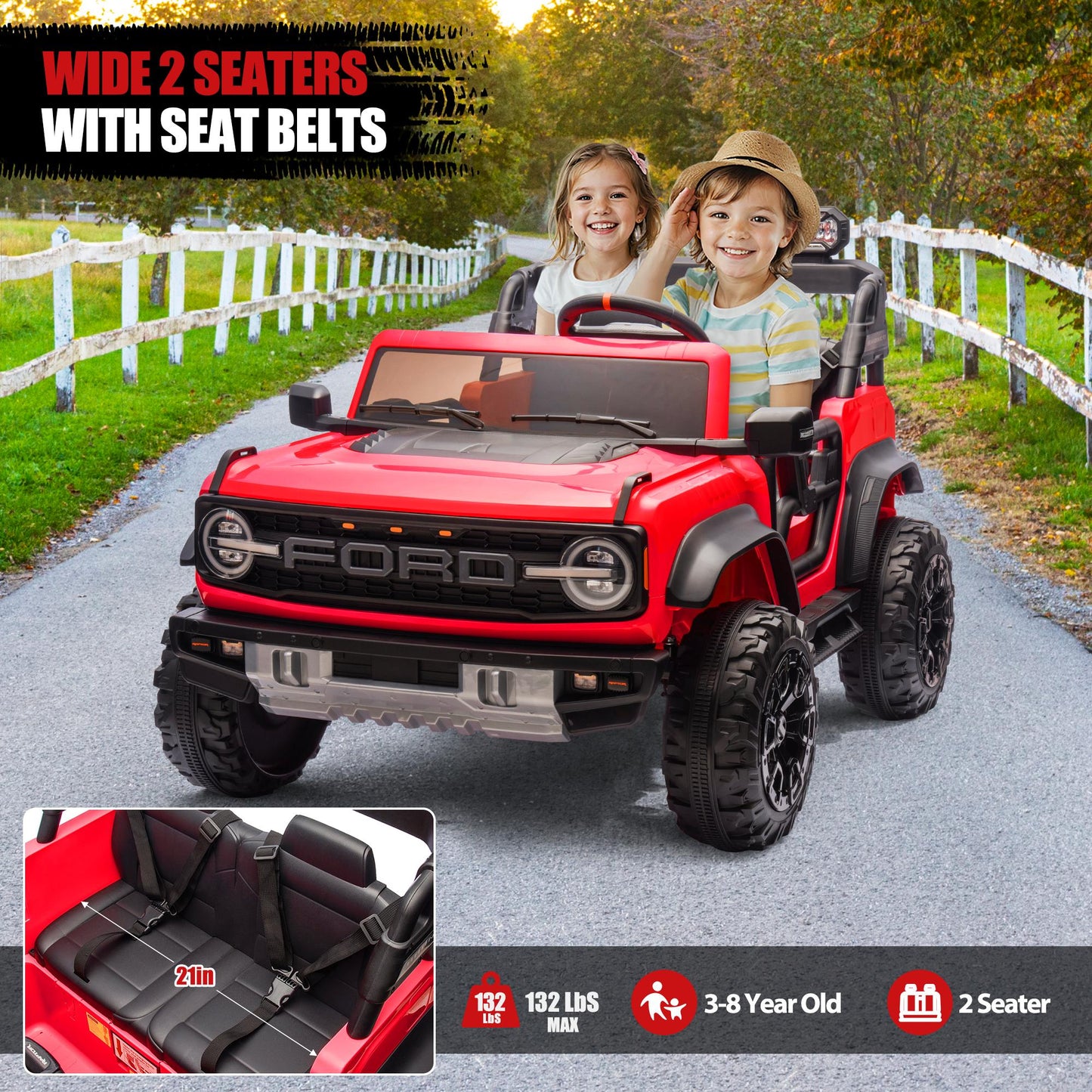 24V 2 Seater Ride on Cars, Licensed Ford Bronco Raptor Ride on Truck Toy with Remote Control, Powered Kids Car Electric Vehicles with Bluetooth/Music Player/LED Light/4 Wheels Spring Suspension, Red