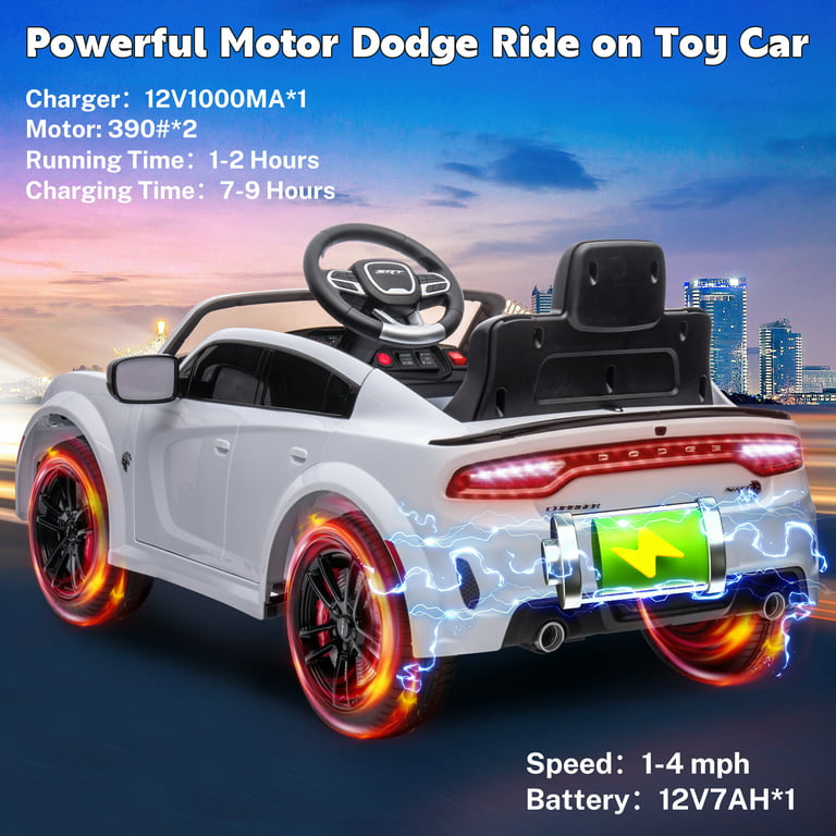 Ride on Cars, 12 V Licensed Dodge Charger Battery Powered Ride On Toys with Remote Control, MP3 Player, LED Headlights, Safety Belt, 4 Wheeler, Electric Car for Kids 3-5 Boys Girls, White