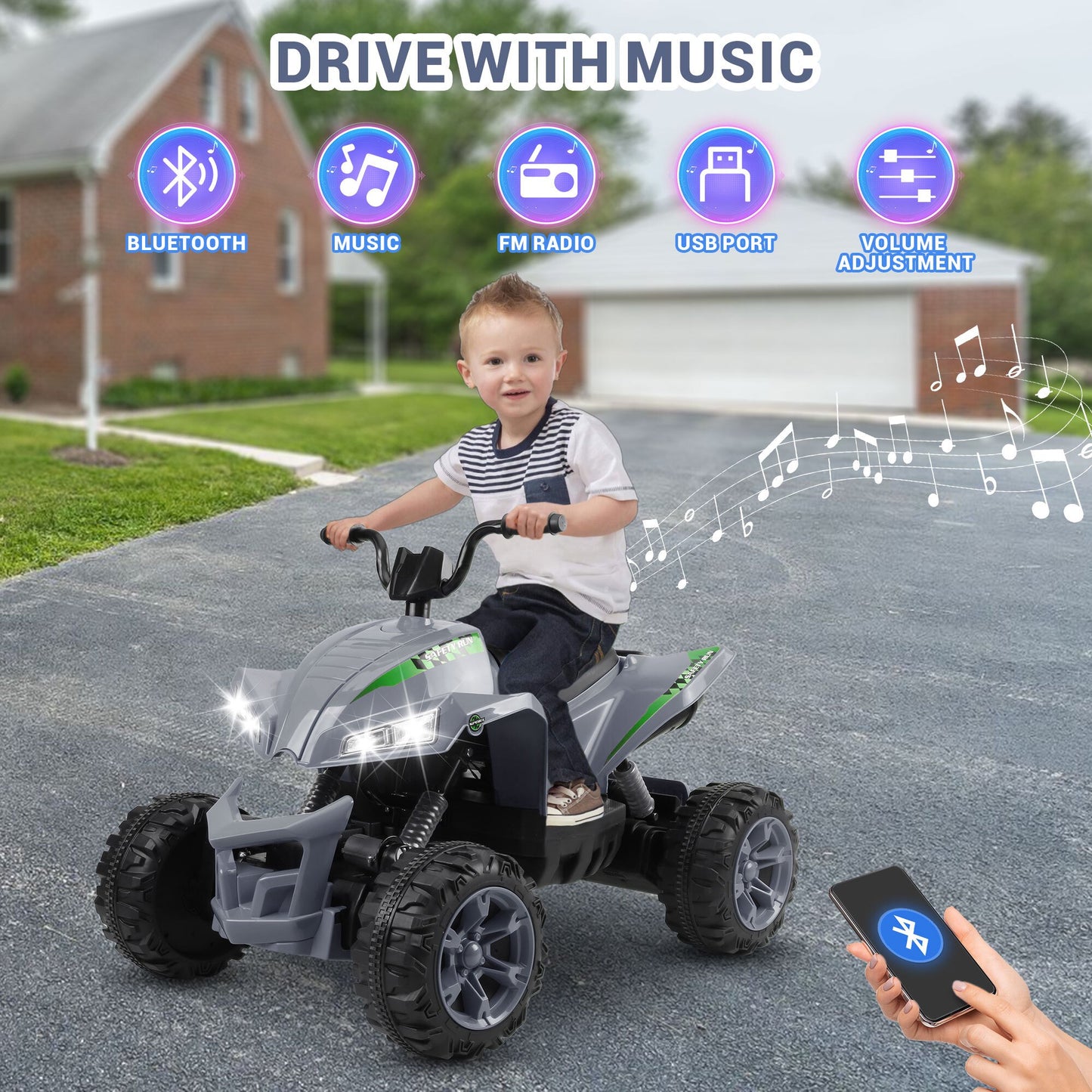 24V Powered Ride on Cars for Kids, 2 Wheel Suspension Ride on ATV Toys, Toddler Ride on Toy Cars, Music, Bluetooth and Power Display, Electric Cars ATV for Boys Girls, Gray