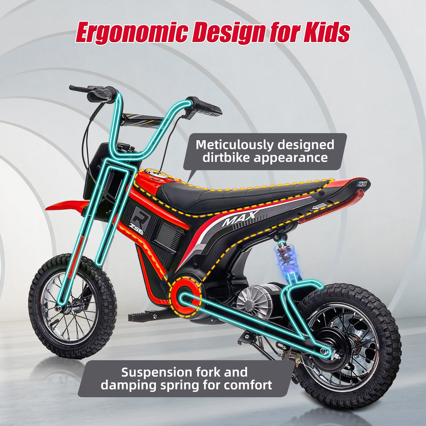 24V Electric Dirt Bike for Kids, 350W Electric Ride on Motorcycle Toy with Speed up to 14.29MPH, Kids Motorized Dirt Bike with Hand Operated Brake for Boys Girls 8-14 Years Old, Music Player