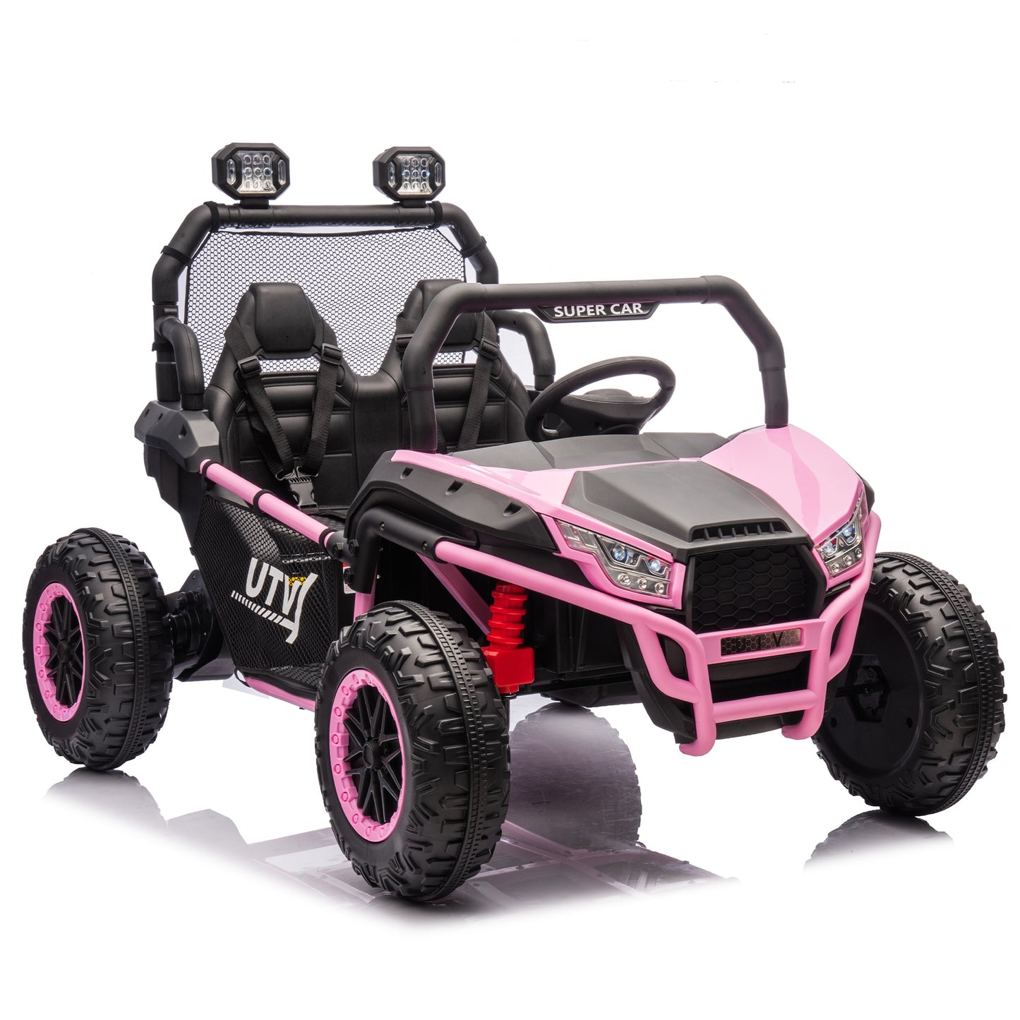 24V 2 Seater Ride on Car for Kids, Powered Ride on UTV Toy for Toddlers Boys Girls, Kids Car Electric Vehicle with Remote Control, LED Lights, Bluetooth Music, 3 Speeds, 4 Spring Suspension, Pink