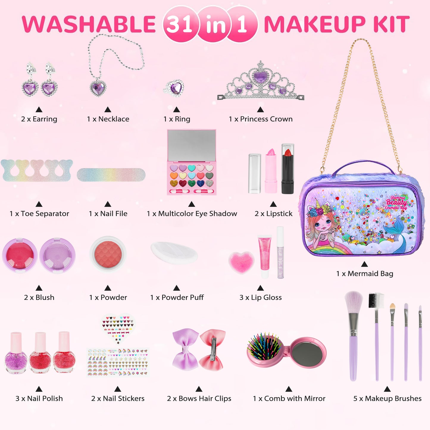 Kids Makeup Set for Girl, iRerts 31Pcs Girls Real Washable Makeup Kit with Crown, Little Girls Princess Play Make Up Birthday Gift Toys for Toddler Kid Girls Children Age 3 4 5 6 7 8 9 Year Old