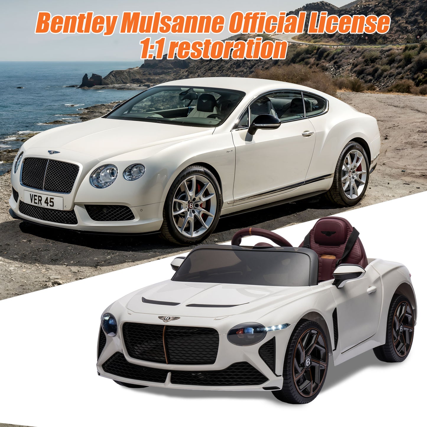 12V Ride On Car for 3-6 Yaers Old Boys and Girls Ride on Toy Licensed Bentley Electric Vehicles with 2.4 G Remote Control, Bluetooth