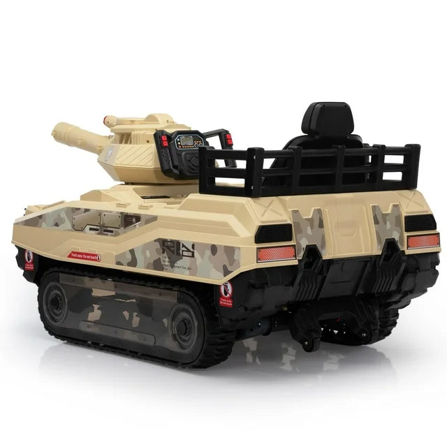 24V Ride on Tank Cars for Kids, Battery Powered Ride on Toy Cars with Fighting Cannon, Rotating Turret, Remote Control, Lights, Music, Kids Fighting Tank Truck for Kids Boys Girls 3-6 Ages, Yellow