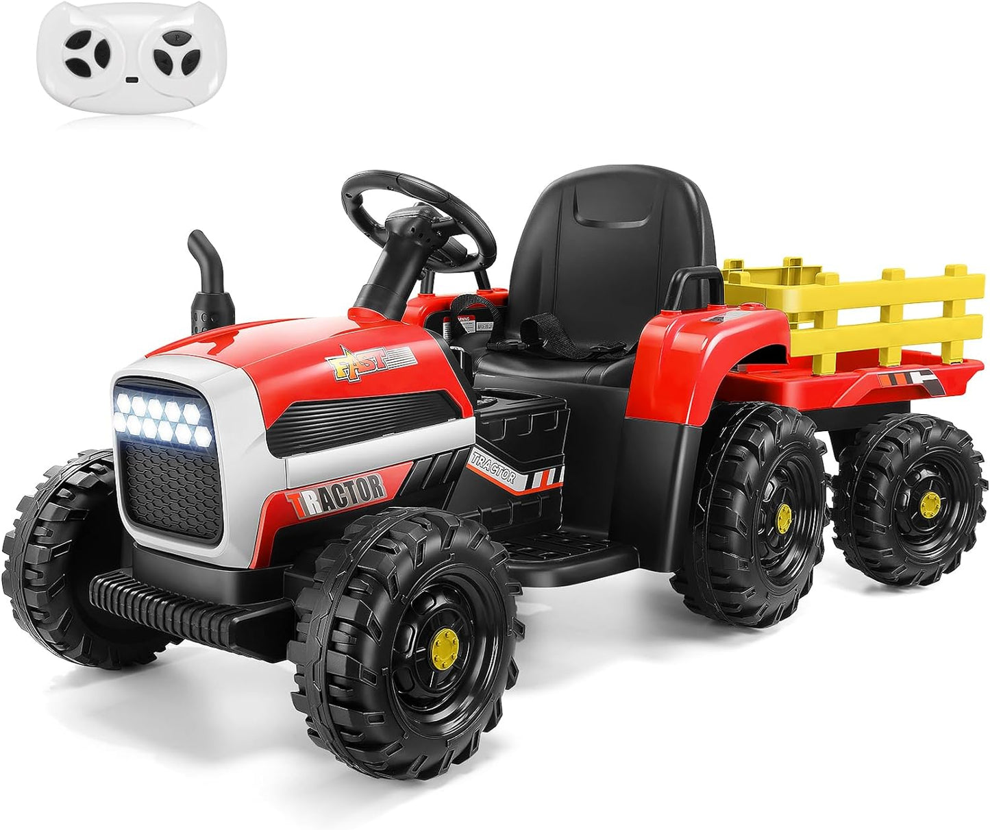 Electric Tractor for Kids, 2-in-1 12V Ride on Tractor with Trailer & Remote Control, 11-LED Headlights, Music Player, Safety Belt, Treaded Tires, Battery Powered - Gift for Toddlers 3-6, Red