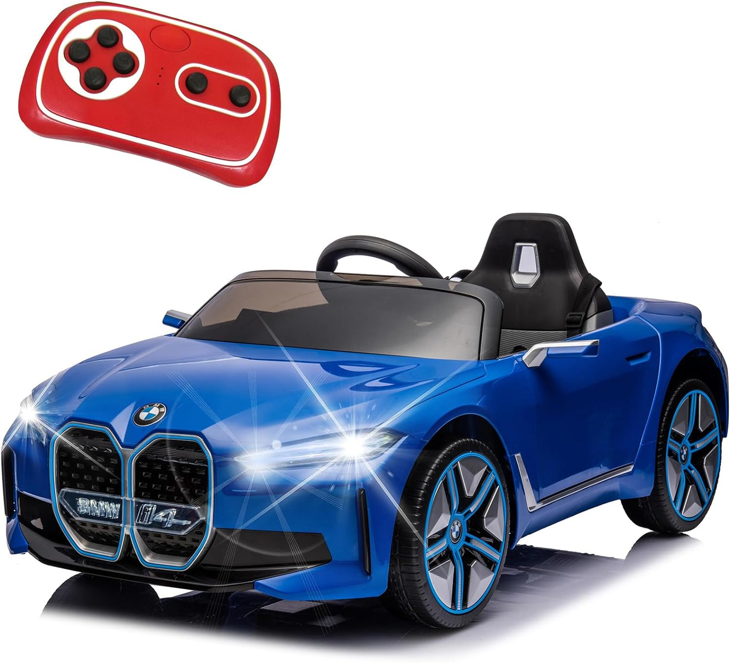 BMW i4 12V Kids Electric Ride-On Car with 2.4G Remote Control, Battery Powered Electric Vehicle Toys Car for 3-8 Years Old, Safety Belt, LED Lights, MP3, Horn, Music, Best Gift for Boys Girls (Blue)