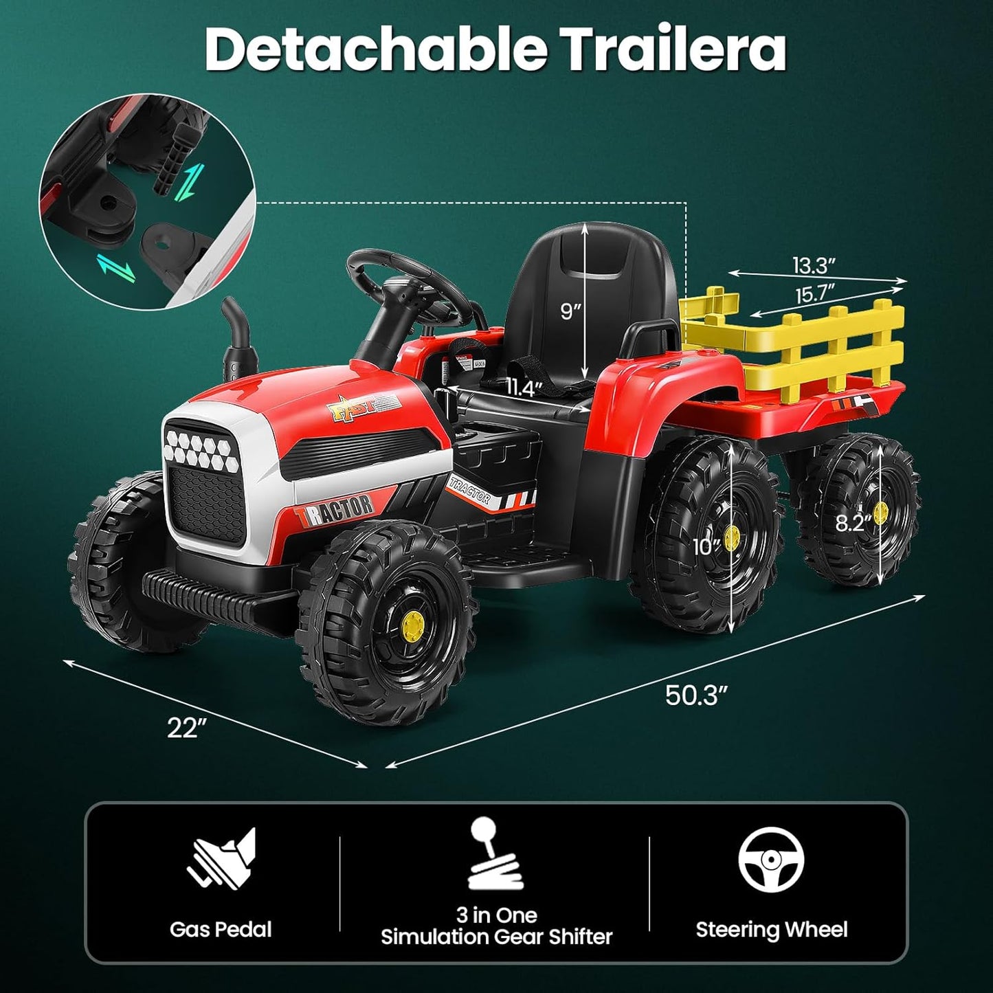 Electric Tractor for Kids, 2-in-1 12V Ride on Tractor with Trailer & Remote Control, 11-LED Headlights, Music Player, Safety Belt, Treaded Tires, Battery Powered - Gift for Toddlers 3-6, Red