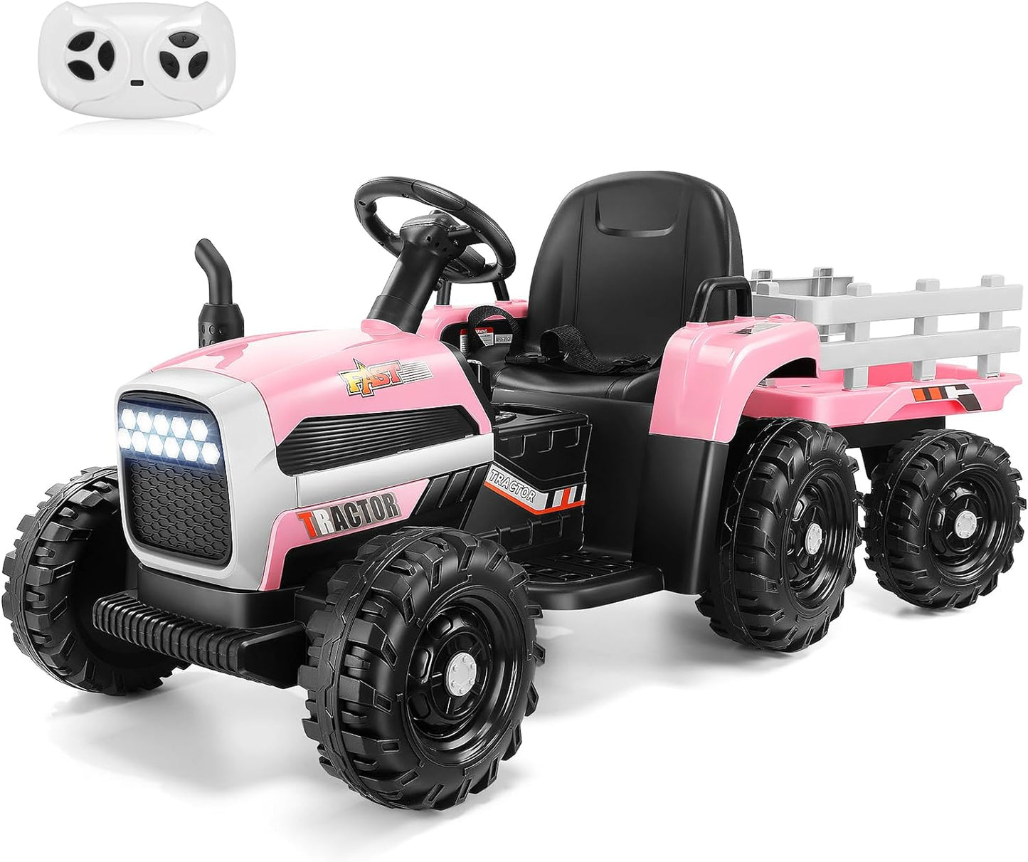 Electric Tractor for Kids, 2-in-1 12V Ride on Tractor with Trailer & Remote Control, 11-LED Headlights, Music Player, Safety Belt, Treaded Tires, Battery Powered - Gift for Toddlers 3-6, Red