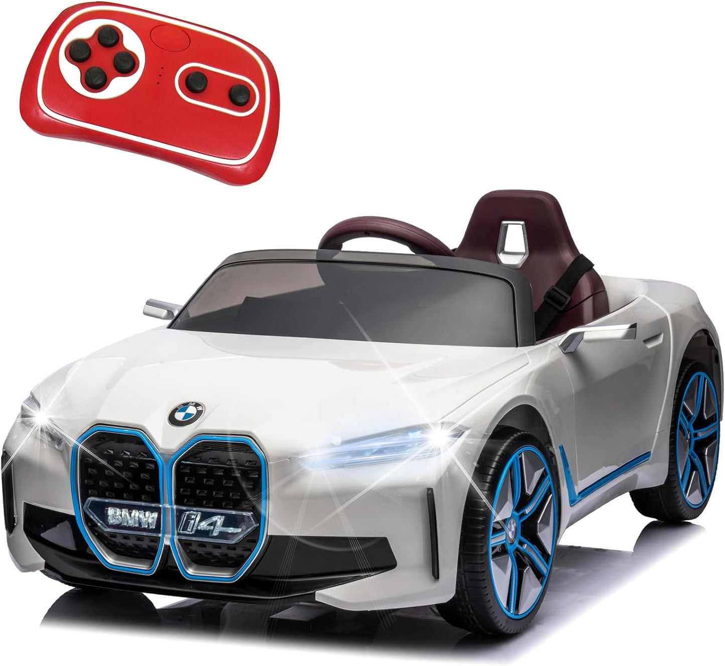 BMW i4 12V Kids Electric Ride-On Car with 2.4G Remote Control, Battery Powered Electric Vehicle Toys Car for 3-8 Years Old, Safety Belt, LED Lights, MP3, Horn, Music, Best Gift for Boys Girls (Blue)