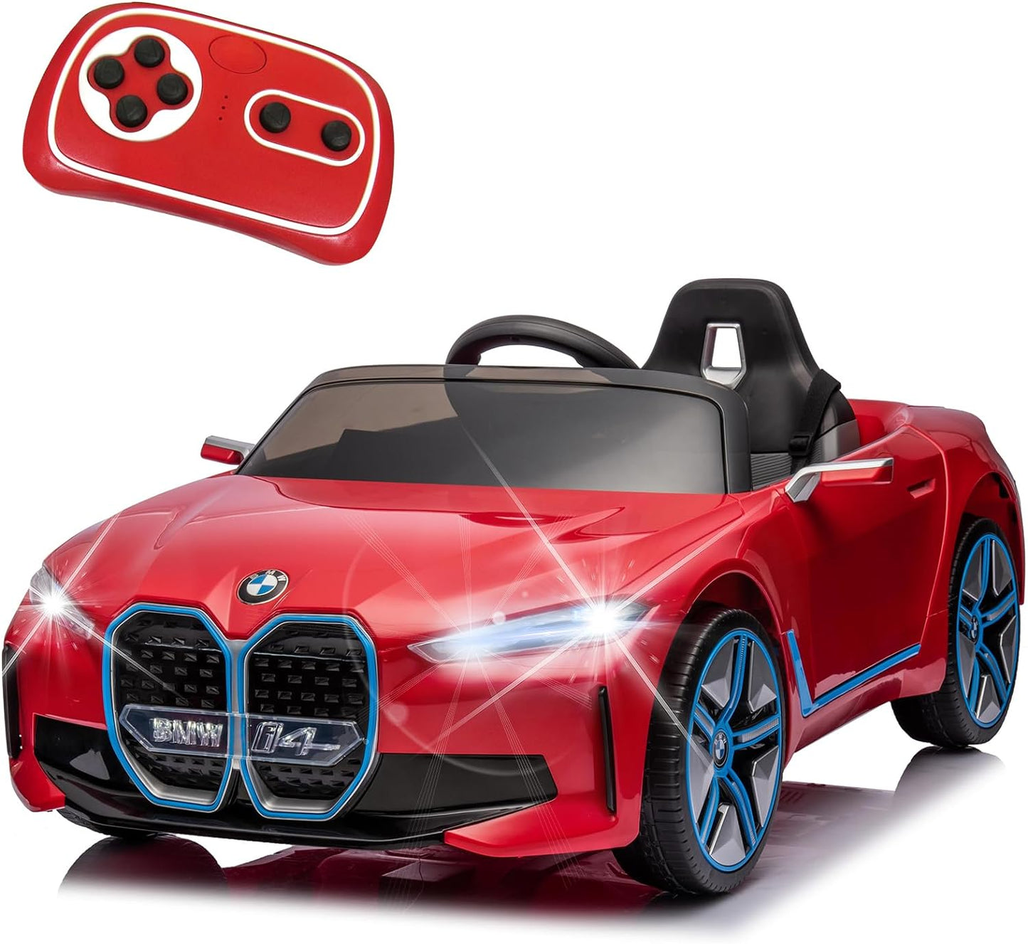 BMW i4 12V Kids Electric Ride-On Car with 2.4G Remote Control, Battery Powered Electric Vehicle Toys Car for 3-8 Years Old, Safety Belt, LED Lights, MP3, Horn, Music, Best Gift for Boys Girls (Blue)