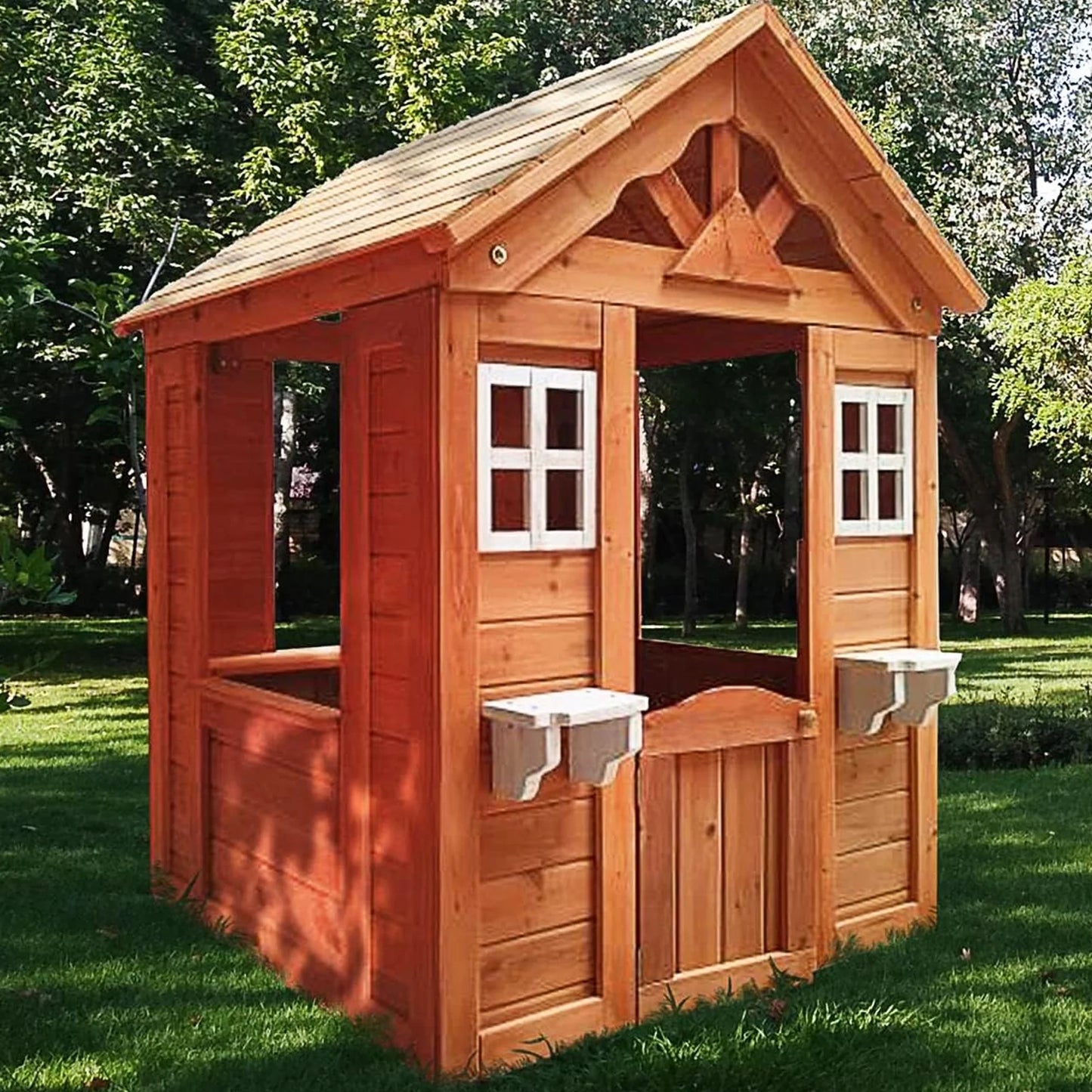 Outdoor Playhouses for Kids, Wooden Backyard Kids Playhouse Firwood Pretend Game House, Kids Playhouse Outdoor with 2 Windows, 2 Flowerpot Holder, Working Door, Workbench, Toddlers Gift for Ages 3+