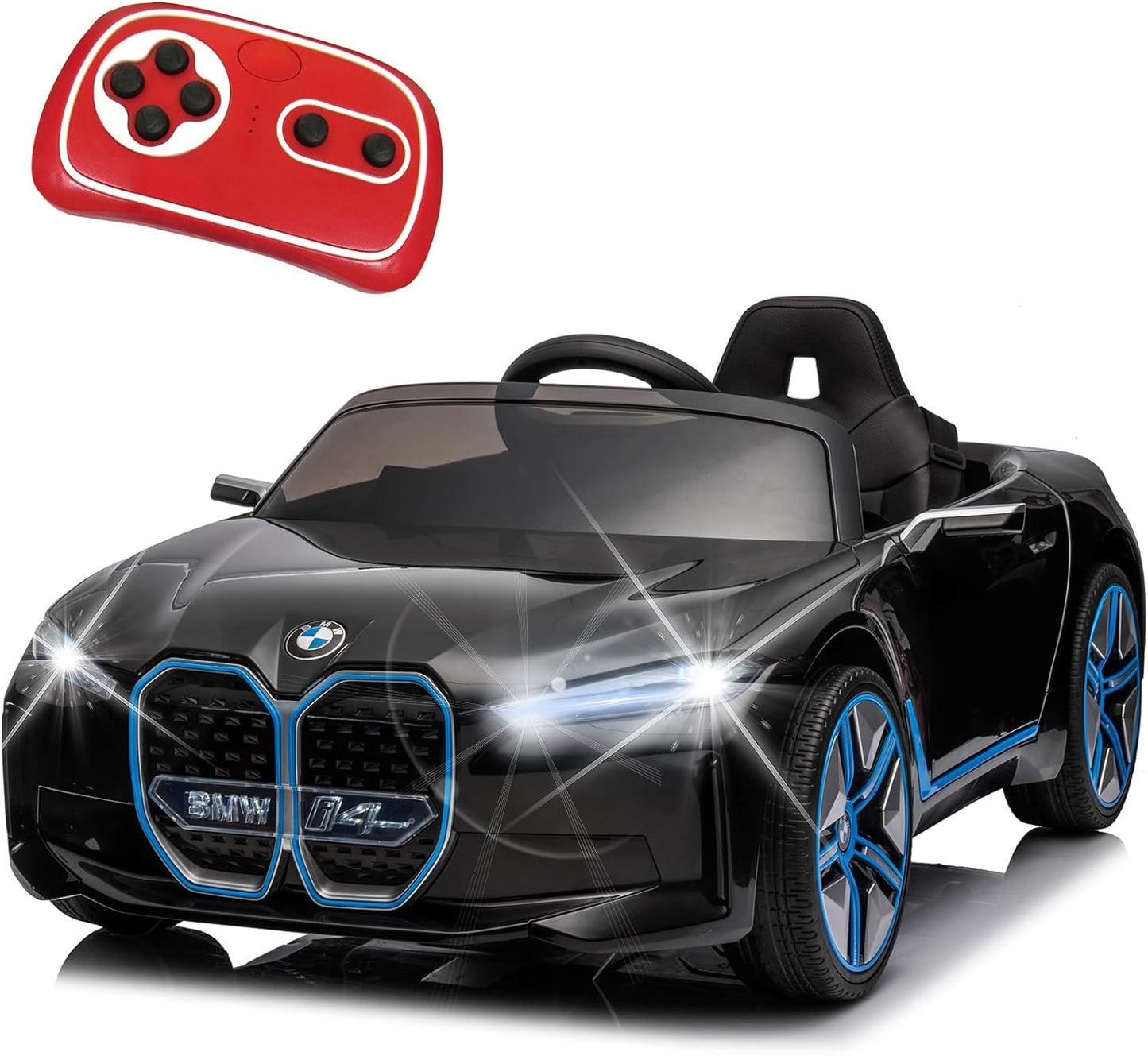 BMW i4 12V Kids Electric Ride-On Car with 2.4G Remote Control, Battery Powered Electric Vehicle Toys Car for 3-8 Years Old, Safety Belt, LED Lights, MP3, Horn, Music, Best Gift for Boys Girls (Blue)