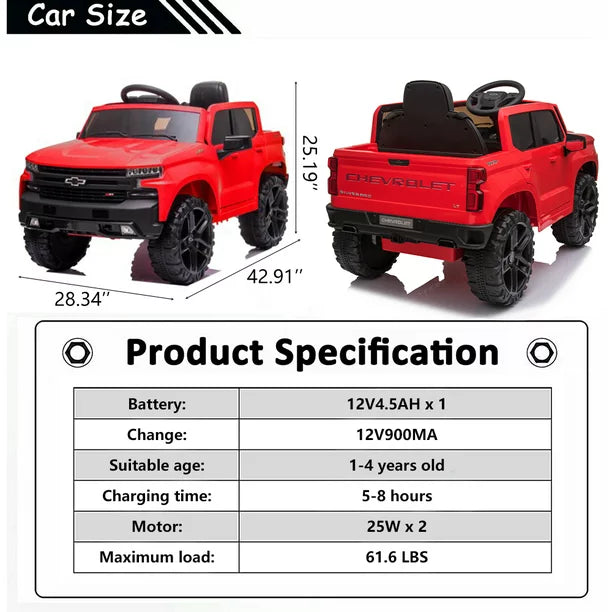 Kids Ride on Car, Chevrolet Silverado 12V Ride on Toy with Remote Control, 4 Wheels Suspension, Safety Belt, Electric Car with MP3 Player, LED Lights, Red, X462