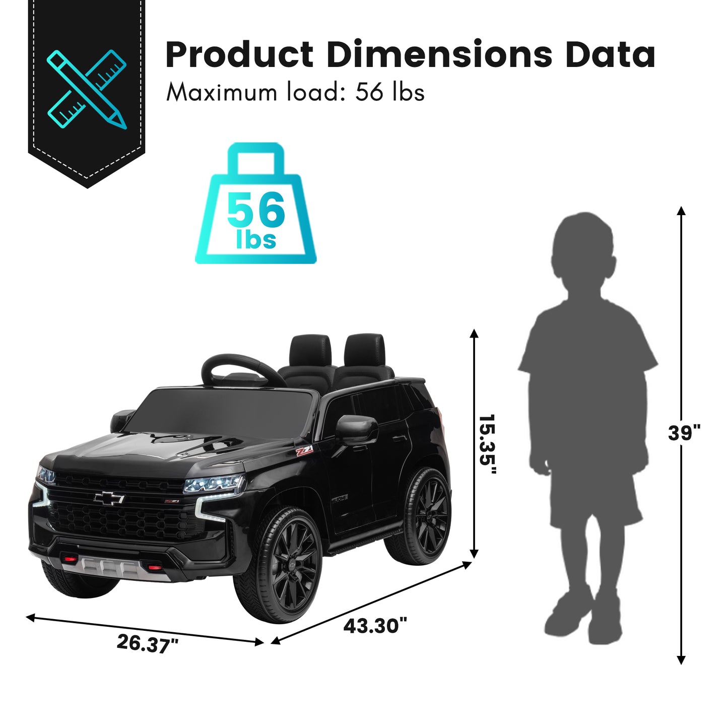 Chevrolet Tahoe Kids Ride on Car, 12V Powered Ride on Toy with Remote Control, 4 Wheels Suspension, Safety Belt, MP3 Player, LED Lights, Electric Vehicles for 3-5 Years Boys Girls