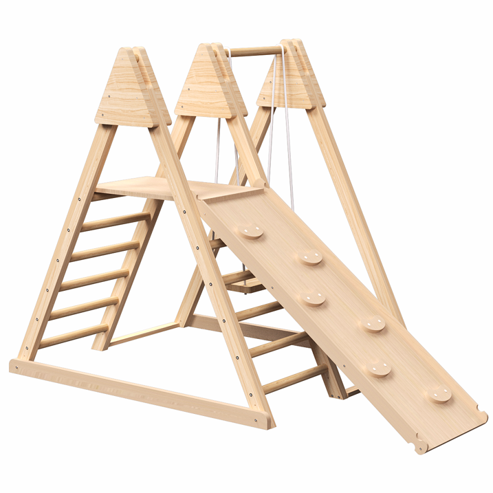 Indoor Jungle Gym, 4 in 1 Kids Montessori Indoor Playground Climbing Playset for Toddlers with Baby Swing, Slide, Ladder, and Climbing Wall, Wood Climber Toys for Boys Girls