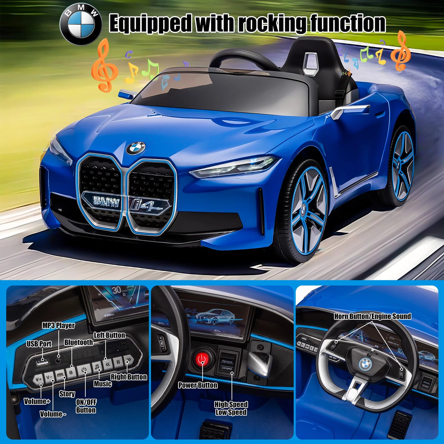 BMW i4 12V Kids Electric Ride-On Car with 2.4G Remote Control, Battery Powered Electric Vehicle Toys Car for 3-8 Years Old, Safety Belt, LED Lights, MP3, Horn, Music, Best Gift for Boys Girls (Blue)