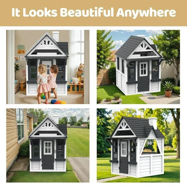 Outdoor Playhouse for Kids Ages 4-8, Wooden Play House with Front Door, Doorbell, Flower Pot Holders, Stove, Sink, Cookware, Windows, Indoor Outdoor Kids Play Equipment Gift for Boys & Girls