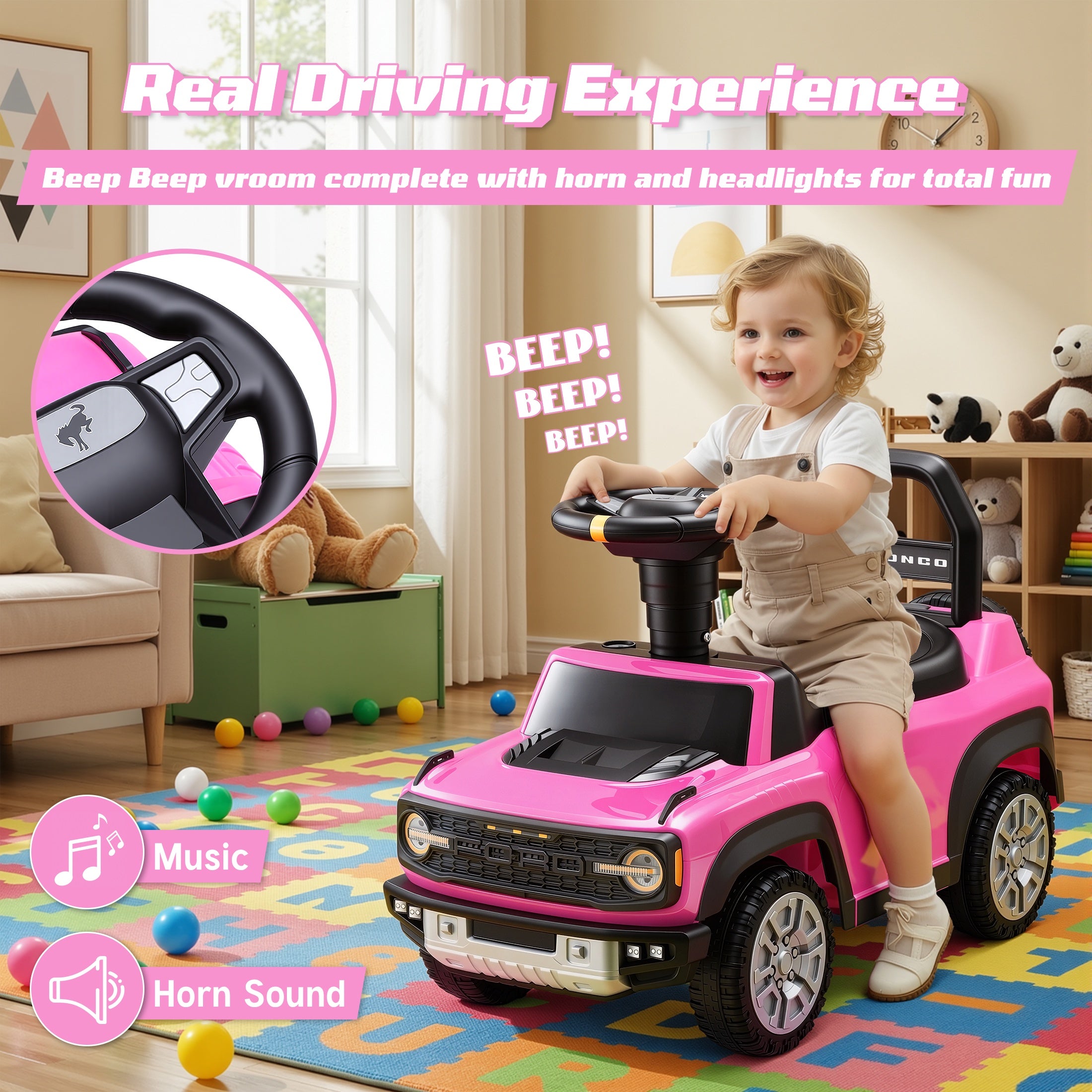 iYofe Kids Ride on Push Car 2 in 1, Ford Bronco Raptor Toddlers Ride on Push Toys with Horn, Music, Handle, Under Seat Storage, Ride on Toys for Toddlers 18 Months +, Pink