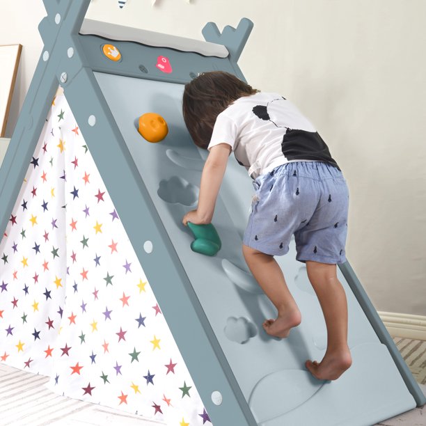 4 in 1 Kids Play Tent Toys, Foldable Easel with Stool, Climber, Toddler Game Table, Playhouse Castle Play Tent for Boys & Girls.59'' x 27.2'' x 47.5'', Gray