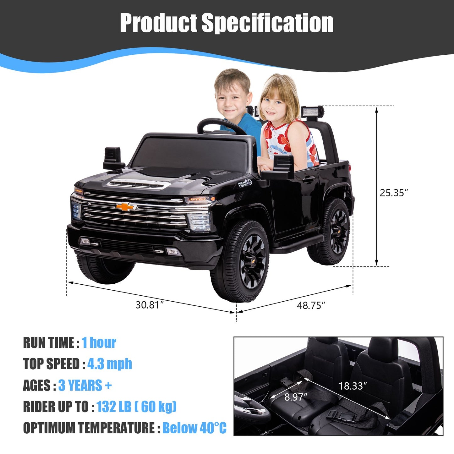 iYofe SILVERADO 12V Battery Powered Car Toy for Girls Boys, Kids Ride on Car for 3 4 5 Yrs with 2 Seats, Remote Control, LED Lights, MP3, Seat Belt, Electric Truck for Kids Birthday Gift, Black