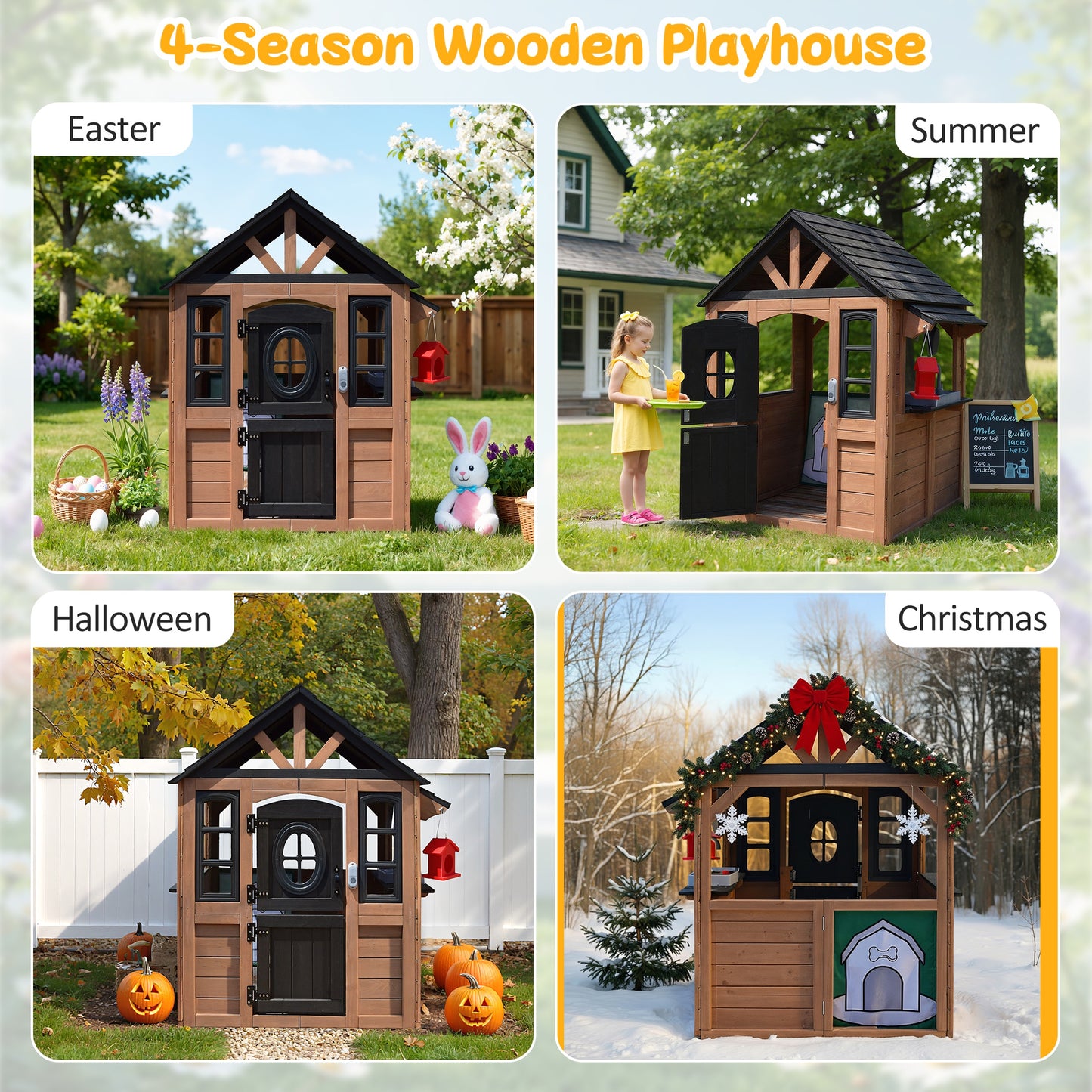 iYofe Outdoor Playhouse, Wooden Kids Playhouse with Play Kitchen, Working Doorbell, Bird Cage, Pet Door, Outdoor Kids Play Equipment Gift for Ages 2+, Brown