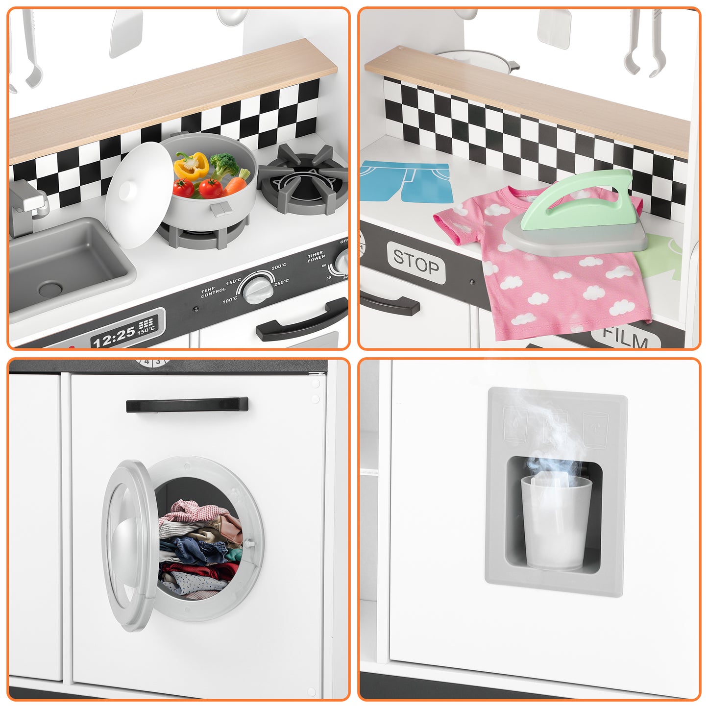 iYofe Wooden Play Kitchen for Toddlers 3-5, 2-in-1 Kids Kitchen & Laundry Playset, Montessori Toys with Realistic Cooking & Pretend Play Accessories, Learning Toys Gift for Girls & Boys