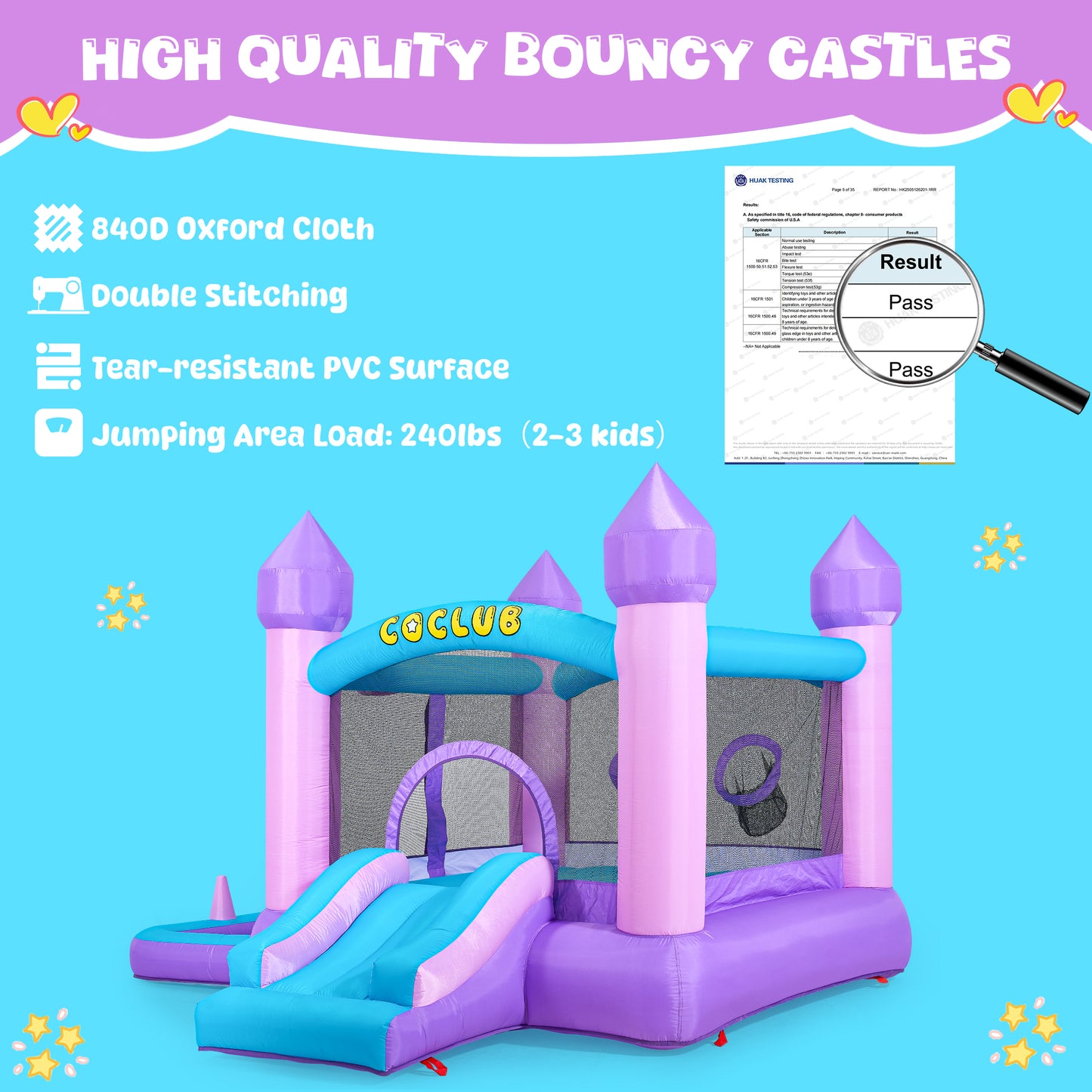 Bounce House with Blower, Outdoor Bounce Castle with Slide/Basketball Hoop/Ball Pit/Ring-toss Game/Pitching Game, Jump House for Kids Toddlers Ages 3-12