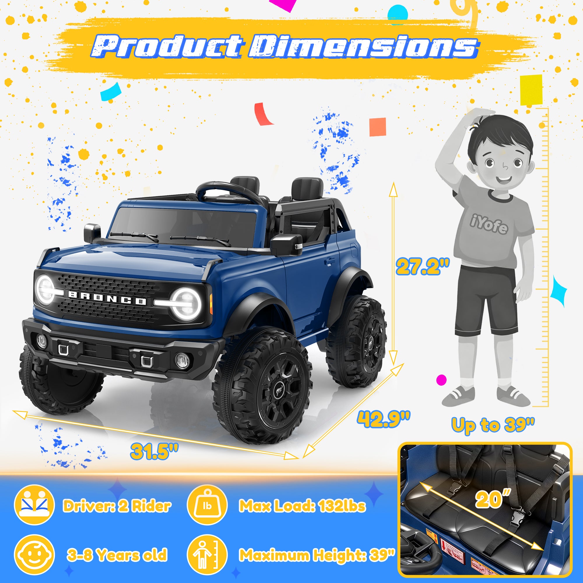 iYofe 24V Ride On Toys for Big Kids 2 Seat, Ford Bronco Base Powered Ride On Cars w/Remote Control, 4 Wheel Spring Suspension, Lights, Bluetooth, Kids Electric Car for Boys Girls Age 3-8, Pink