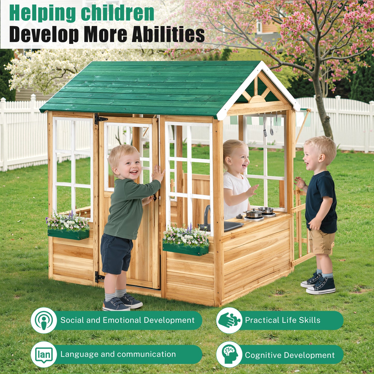 iYofe Outdoor Playhouse, Wooden Play Houses for Toddlers 1-3, Outside Playhouse with KitchenToyset, Flowerpot Holders, Fence (49.5"x62.3"x52.8")