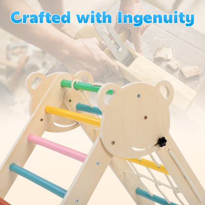iYofe Pikler Triangle Set, Wooden Toddler Climber with Arch, Ramp, Climbing Net and 2 Wooden Cars, Indoor Play Gym for Ages 1-3