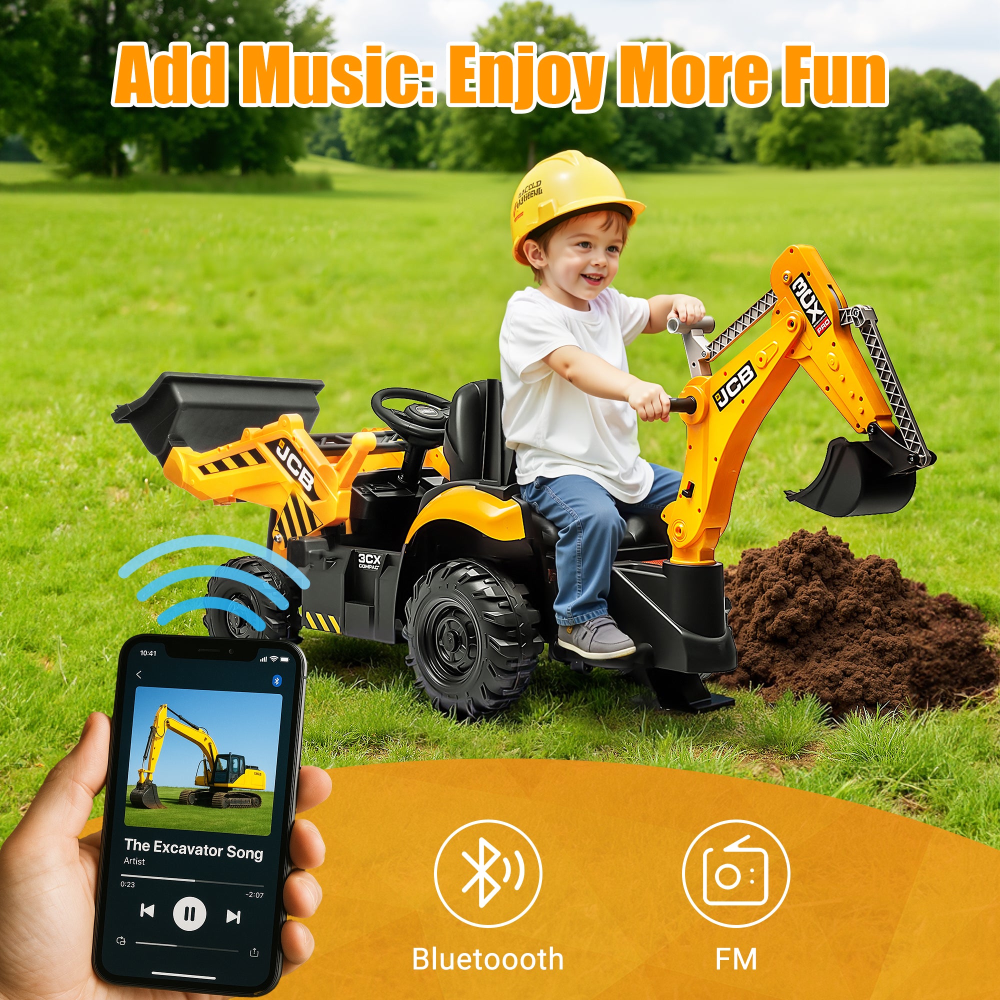 iYofe 24V Kids Ride on Excavator Toy Cars, JCB Powered Ride on Backhoe Construction Toy with Bluetooth, Electric Tractor Car with Remote Control, Digger and Loader for 3-6 Boys Girls