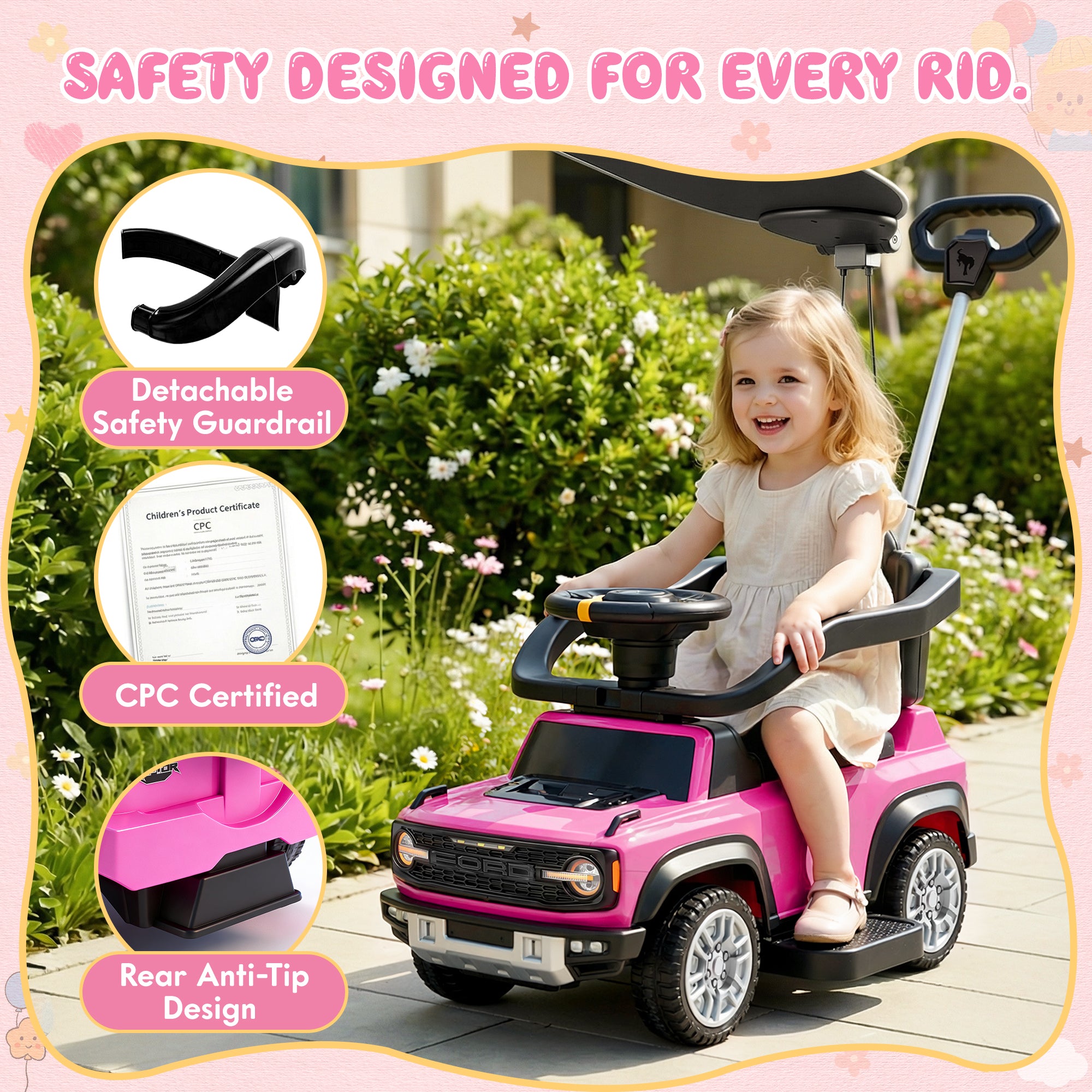 iYofe 3 In 1 Push Cars for Kids, Licensed Ford Bronco Ride On Toys w/Adjustable Handle, Canopy, Armrest Guardrail, Horn, Silent Wheels, Boys Girls Ride On Car for Toddlers Ages 18-36 Month
