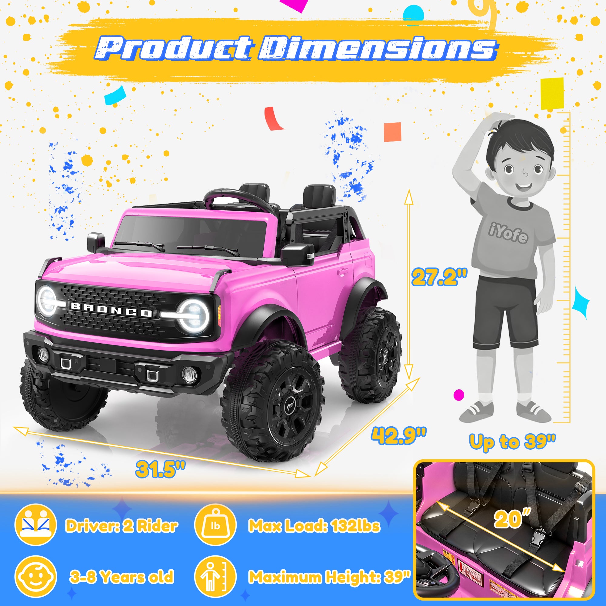 iYofe 24V Ride On Toys for Big Kids 2 Seat, Ford Bronco Base Powered Ride On Cars w/Remote Control, 4 Wheel Spring Suspension, Lights, Bluetooth, Kids Electric Car for Boys Girls Age 3-8, Pink