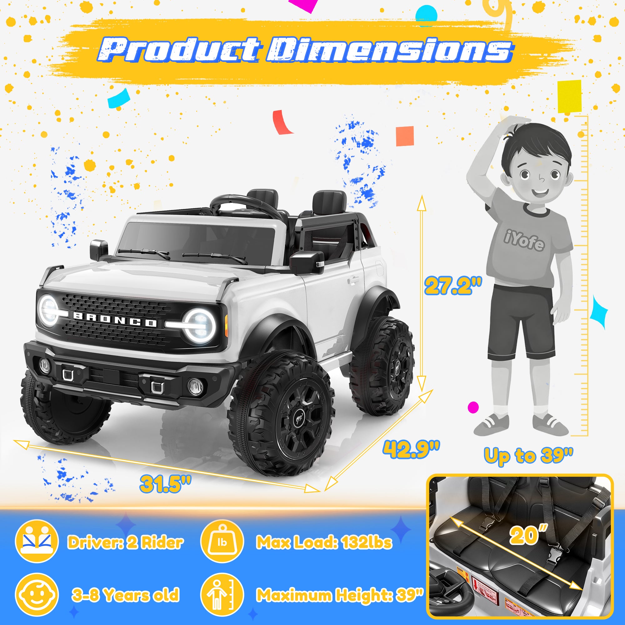 iYofe 24V Ride On Toys for Big Kids 2 Seat, Ford Bronco Base Powered Ride On Cars w/Remote Control, 4 Wheel Spring Suspension, Lights, Bluetooth, Kids Electric Car for Boys Girls Age 3-8, Pink