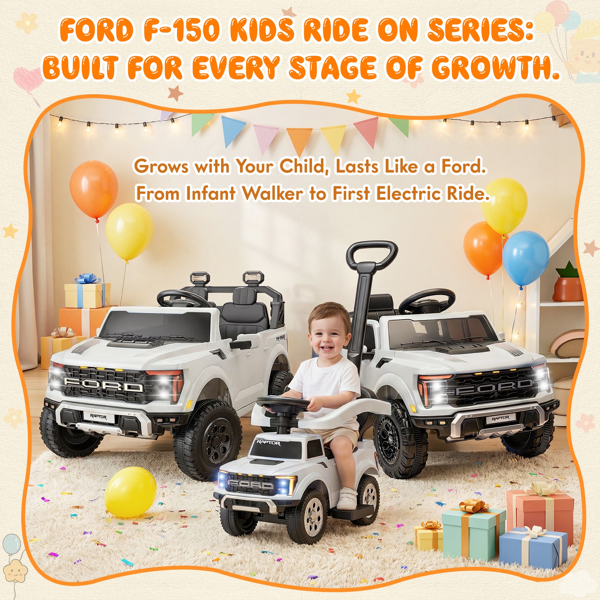 iYofe 3 In 1 Push Cars for Kids, Licensed Ford F-150 Kids Ride On Toys with Removable Parental Handle and Safety Rail, Horn, LED Lights, Ride On Car for Toddler Ages 18-36 Months, Black