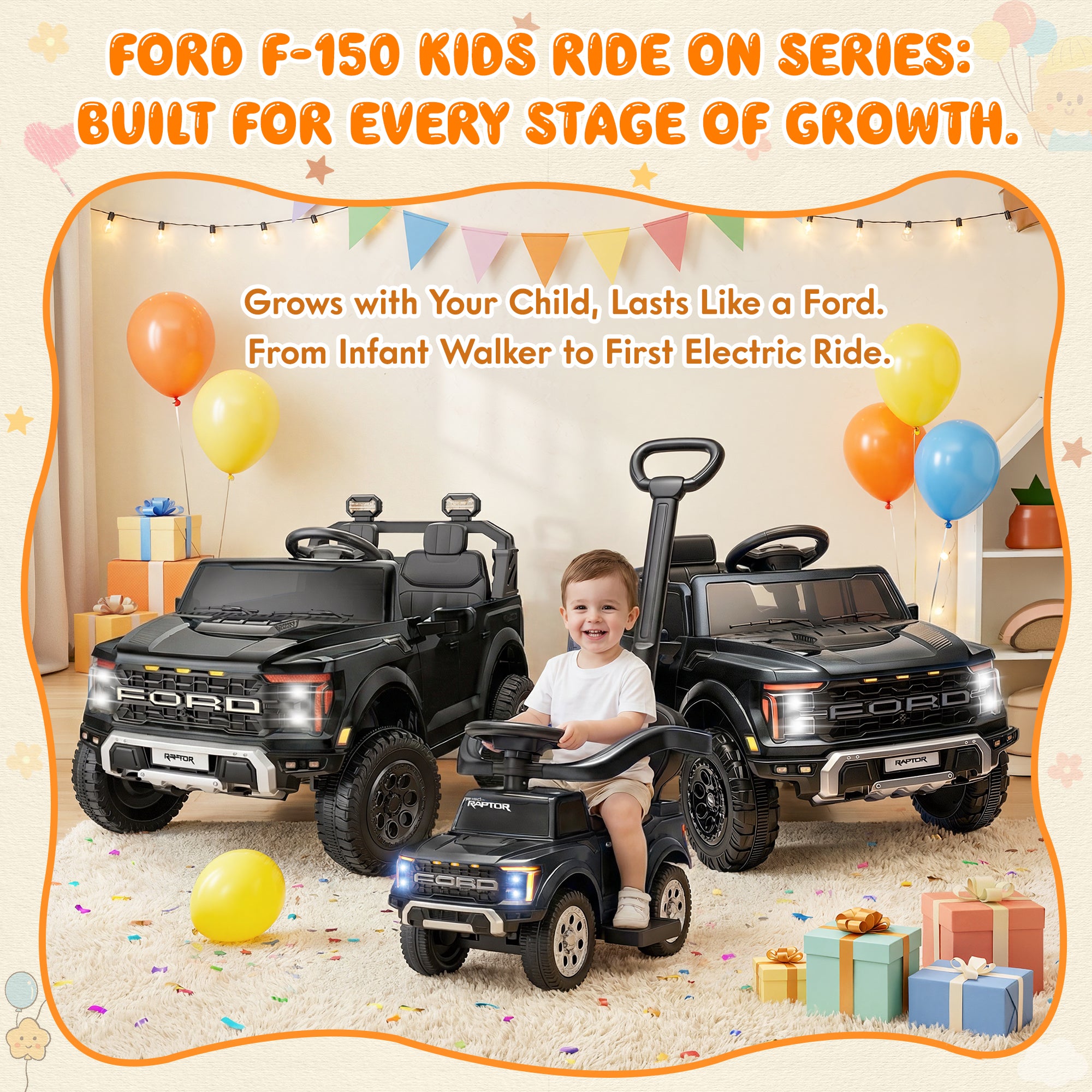 iYofe 3 In 1 Push Cars for Kids, Licensed Ford F-150 Kids Ride On Toys with Removable Parental Handle and Safety Rail, Horn, LED Lights, Ride On Car for Toddler Ages 18-36 Months, Black
