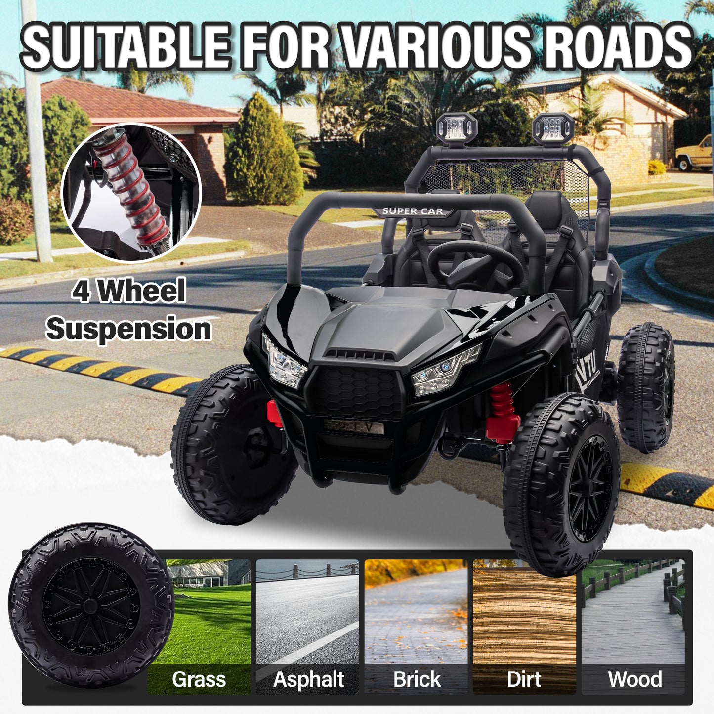 24V Ride on Car for 2 Kids, 2 Seater Kids Ride on UTV Cars, 400W Super Power Electric Cars with Remote Control, Bluetooth, Rear Storage Space, 4 Wheel suspension, LED Light, Rear Searchlight