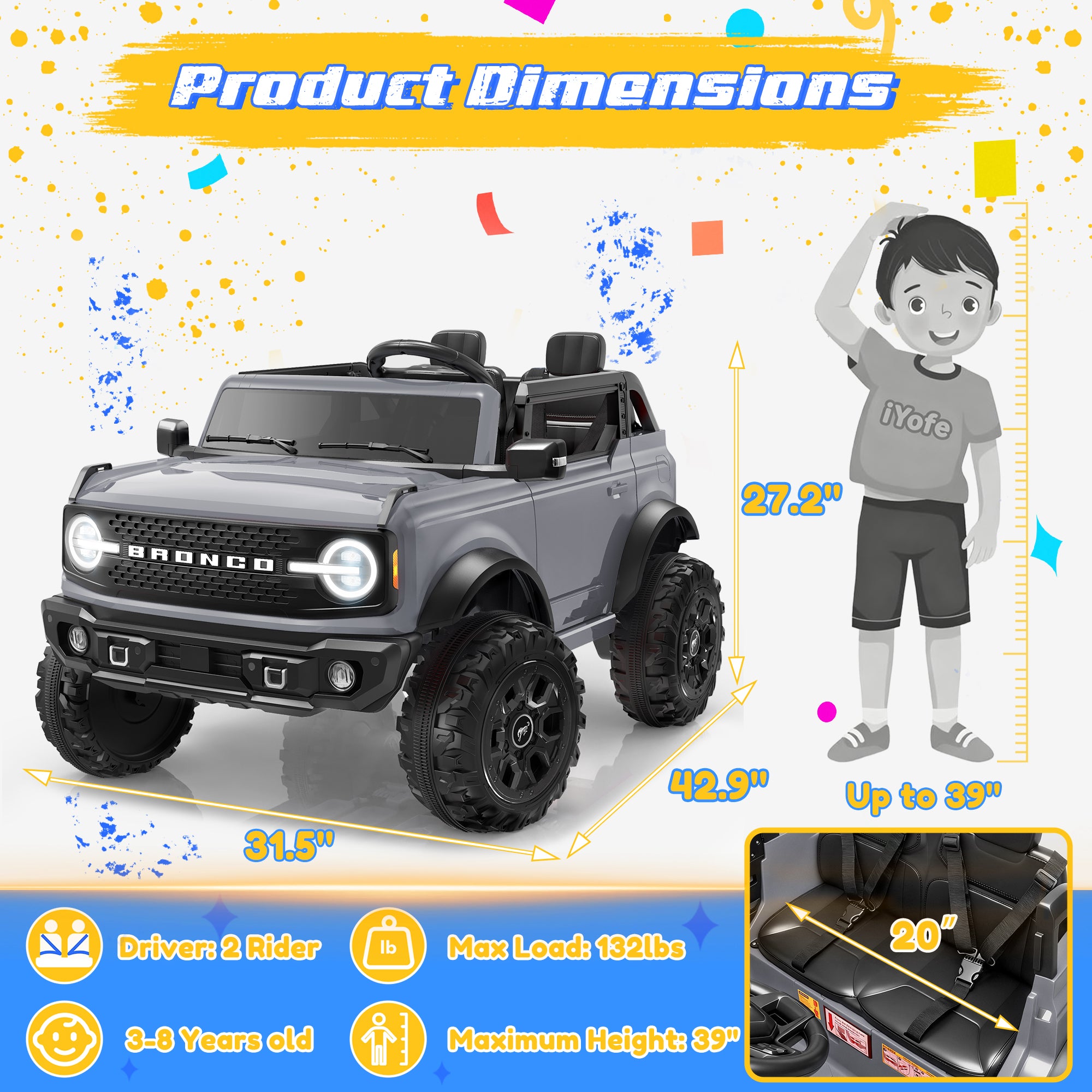 iYofe 24V Ride On Toys for Big Kids 2 Seat, Ford Bronco Base Powered Ride On Cars w/Remote Control, 4 Wheel Spring Suspension, Lights, Bluetooth, Kids Electric Car for Boys Girls Age 3-8, Pink