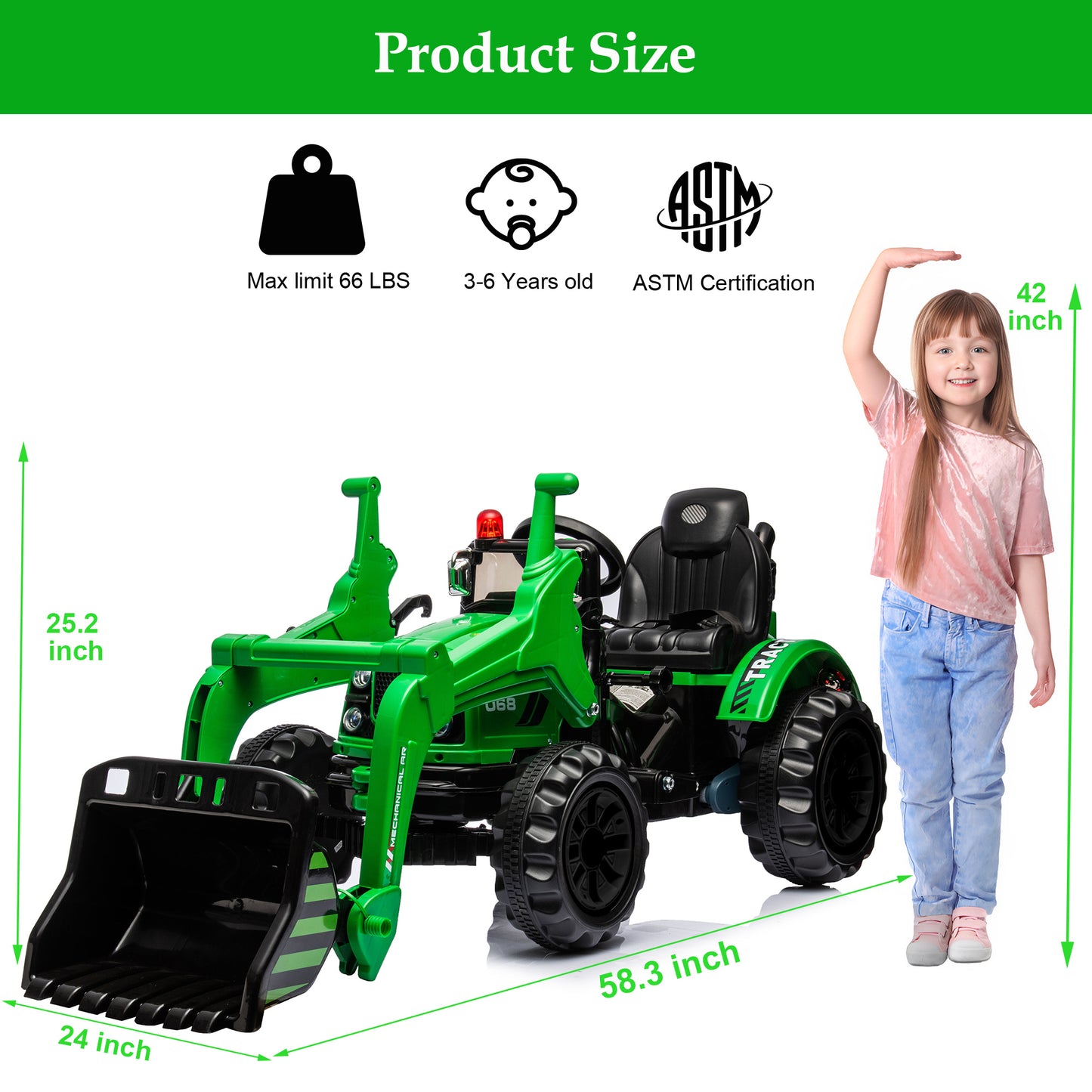 iYofe 12V Ride on Excavator with Front Digger Kids Ride on Car Electric Construction for 3-6 Years Old Boys and Girls Backhoe Ride on, 3 Speeds, Green