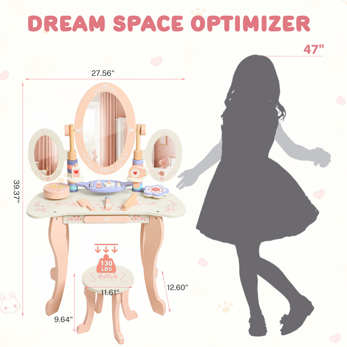 Kids Vanity Set for Girls with Mirror, 12PCS Toddler Vanity Table and Chair Set with Makeup Toys, Wood Dressing Table with Jewelry Box, Eyeshadow, Comb, Pink